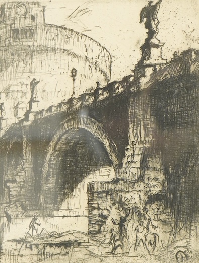 Sir Frank Brangwyn RA, RWS, RBA, (1867-1956), ’Pont San Angelo, Rome’, signed in pencil, dry point etching, 19 x 14.5cm